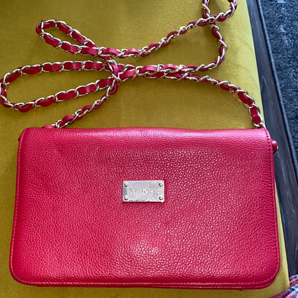 St John Knits Crimson Red pebbled Leather Cross Body